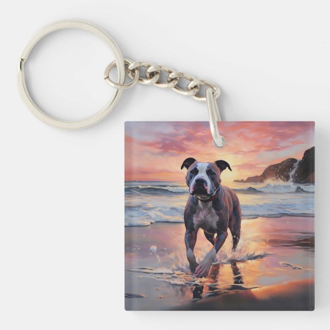 Sandy American Staffordshire Dog on Beach Sunset Keychain (Front)