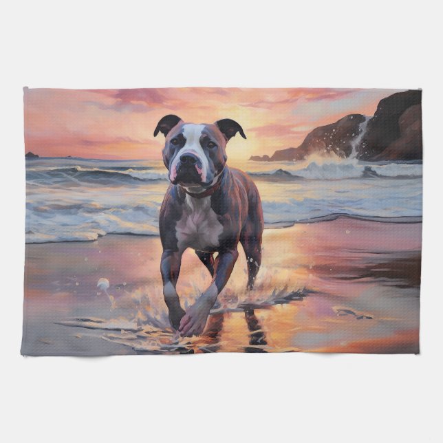 Sandy American Staffordshire Dog on Beach Sunset Kitchen Towel (Horizontal)