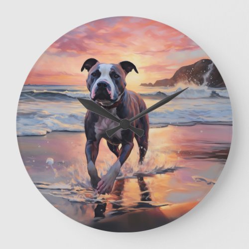 Sandy American Staffordshire Dog on Beach Sunset Large Clock