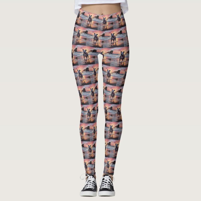 Sandy American Staffordshire Dog on Beach Sunset Leggings (Front)