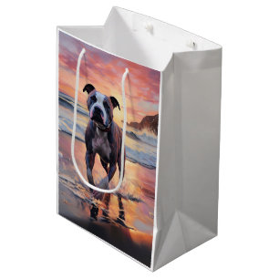 Sandy American Staffordshire Dog on Beach Sunset Medium Gift Bag