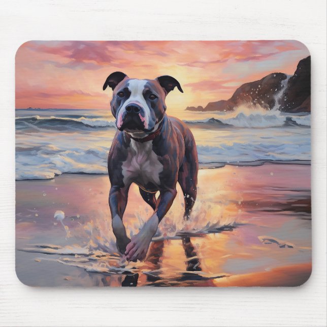 Sandy American Staffordshire Dog on Beach Sunset Mouse Pad (Front)