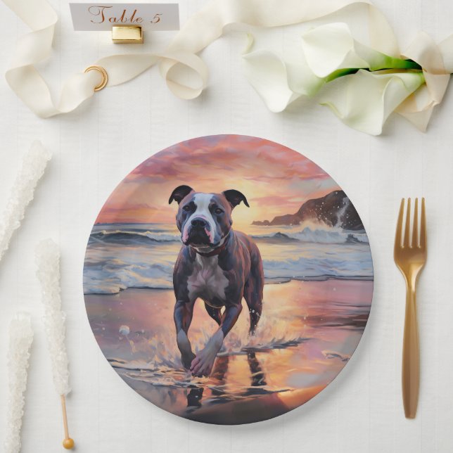 Sandy American Staffordshire Dog on Beach Sunset Paper Plates (Wedding)