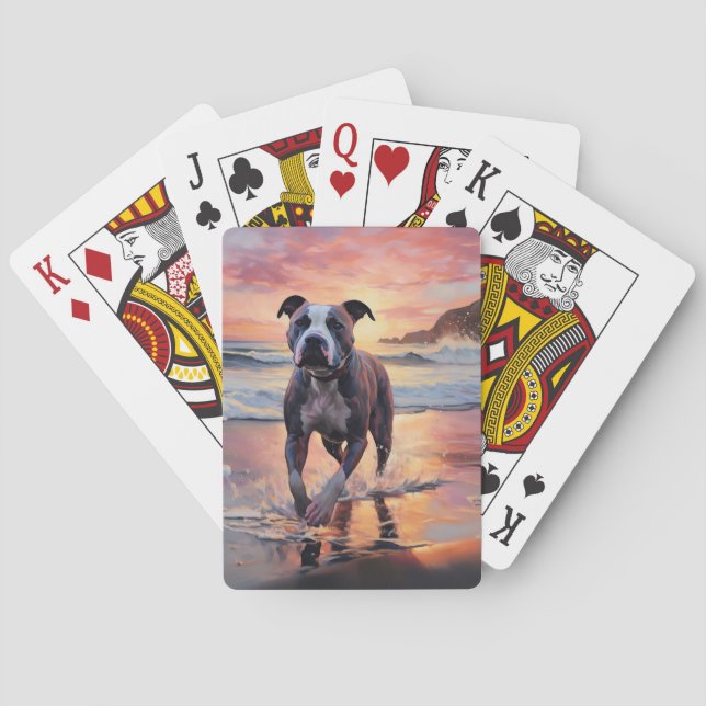 Sandy American Staffordshire Dog on Beach Sunset Poker Cards (Back)
