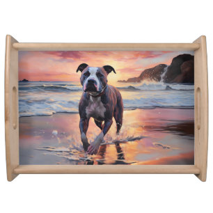 Sandy American Staffordshire Dog on Beach Sunset Serving Tray