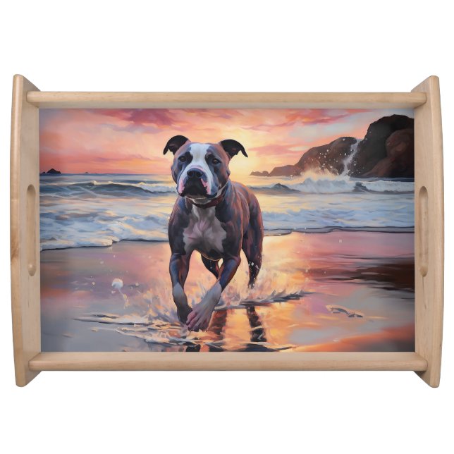 Sandy American Staffordshire Dog on Beach Sunset Serving Tray (Front)