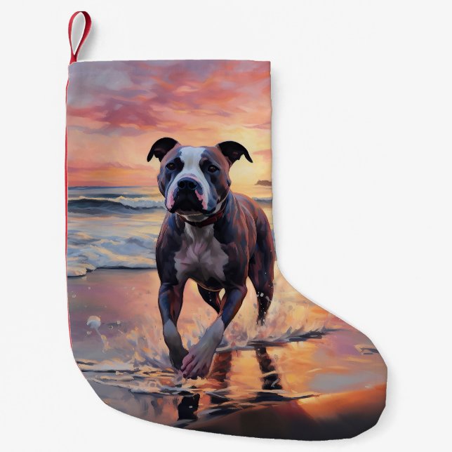 Sandy American Staffordshire Dog on Beach Sunset Small Christmas Stocking (Front)