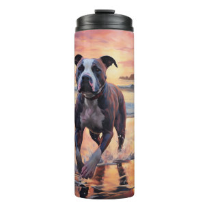 Sandy American Staffordshire Dog on Beach Sunset Thermal Tumbler