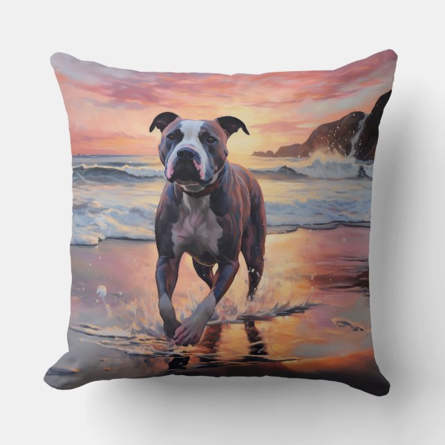 Sandy American Staffordshire Dog on Beach Sunset Throw Pillow (Front)