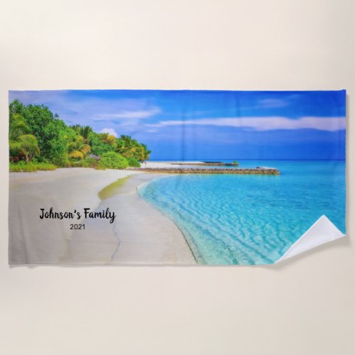 Sandy and Tropical Ocean Beach Family Beach Towel