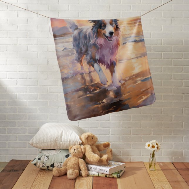 Sandy Australian Shepherd Dog on Beach Sunset  Baby Blanket (In Situ)