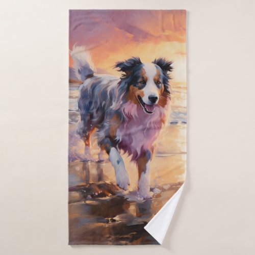 Sandy Australian Shepherd Dog on Beach Sunset  Bath Towel Set