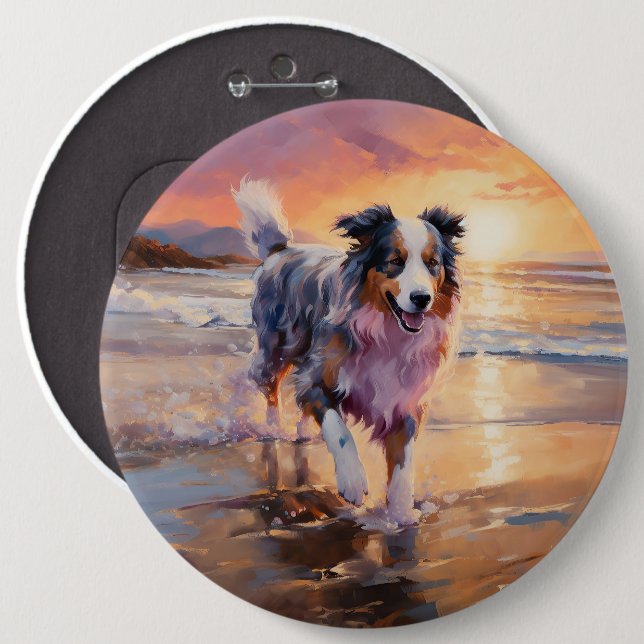 Sandy Australian Shepherd Dog on Beach Sunset  Button (Front & Back)
