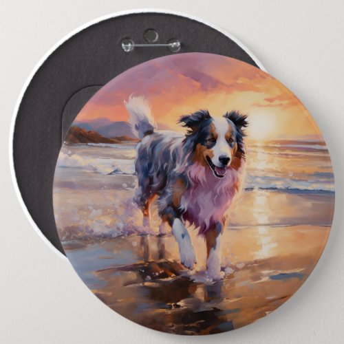 Sandy Australian Shepherd Dog on Beach Sunset  Button