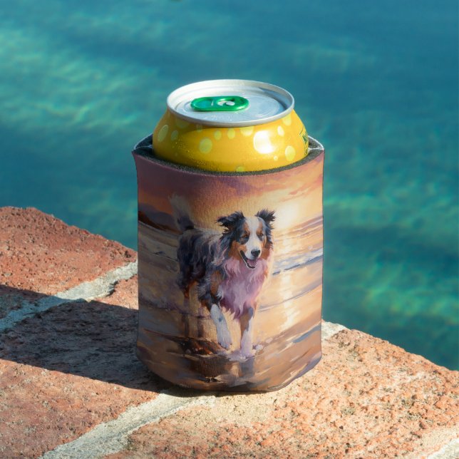 Sandy Australian Shepherd Dog on Beach Sunset  Can Cooler (In Situ Pool)
