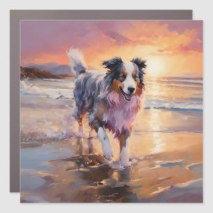 Sandy Australian Shepherd Dog on Beach Sunset Car Magnet