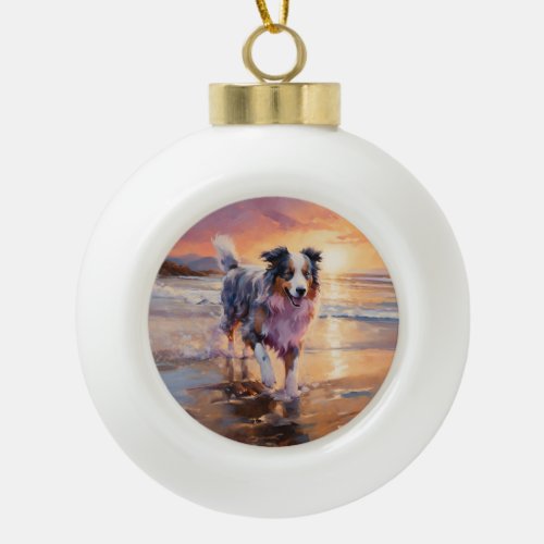 Sandy Australian Shepherd Dog on Beach Sunset  Ceramic Ball Christmas Ornament