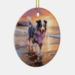 Sandy Australian Shepherd Dog on Beach Sunset Ceramic Ornament