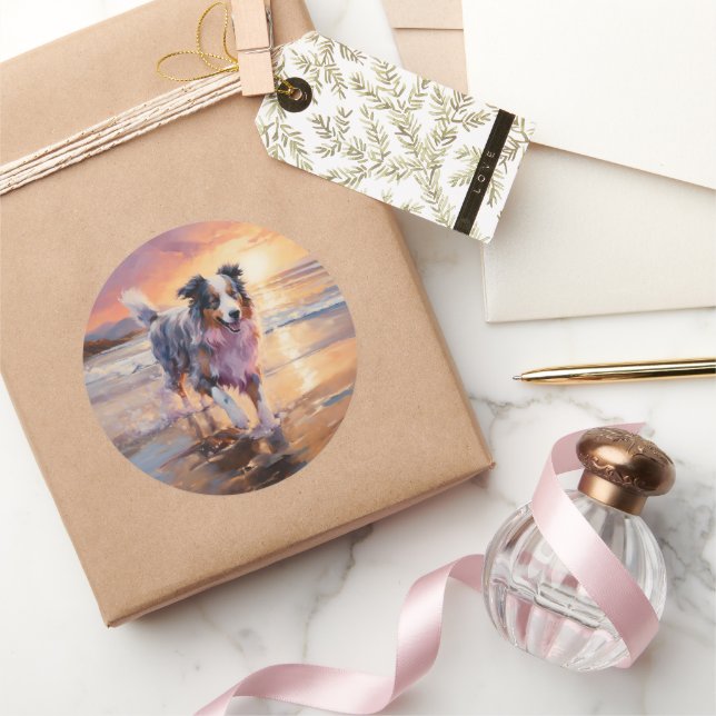 Sandy Australian Shepherd Dog on Beach Sunset  Classic Round Sticker (Gifting)