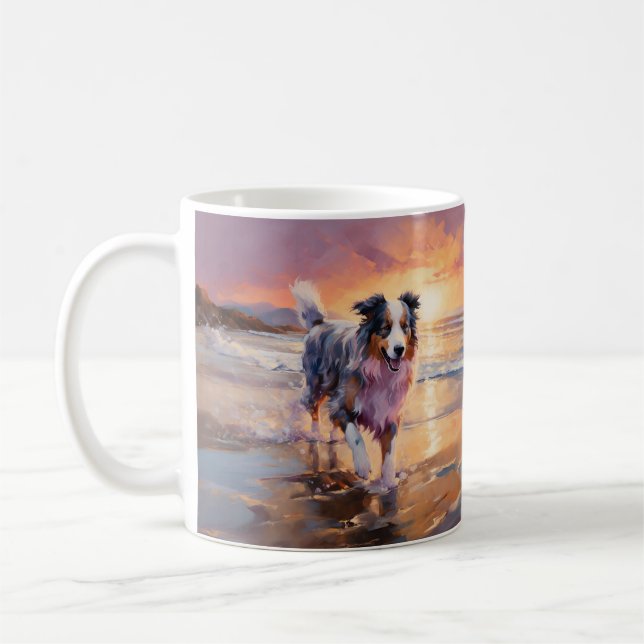 Sandy Australian Shepherd Dog on Beach Sunset  Coffee Mug (Left)