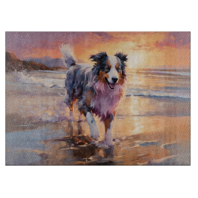 Sandy Australian Shepherd Dog on Beach Sunset  Cutting Board (Front)