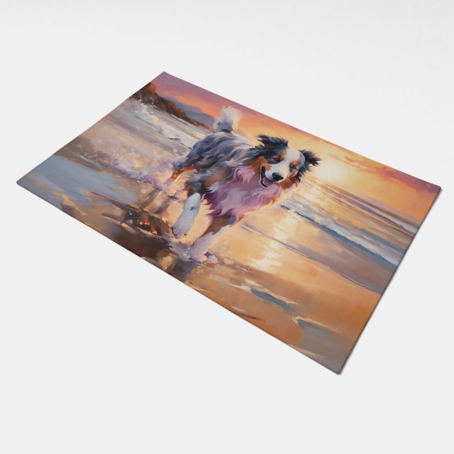 Sandy Australian Shepherd Dog on Beach Sunset  Doormat (Angled)