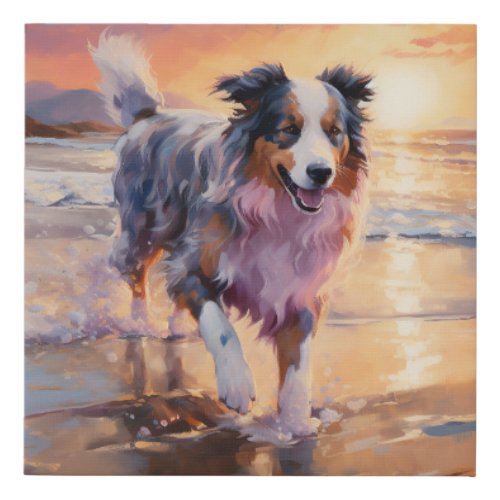 Sandy Australian Shepherd Dog on Beach Sunset  Faux Canvas Print
