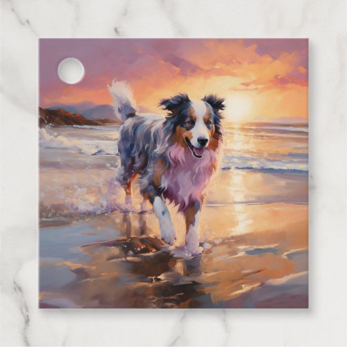 Sandy Australian Shepherd Dog on Beach Sunset  Favor Tags