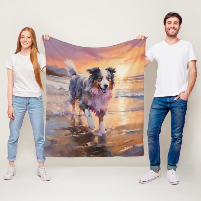 Sandy Australian Shepherd Dog on Beach Sunset  Fleece Blanket (In Situ)