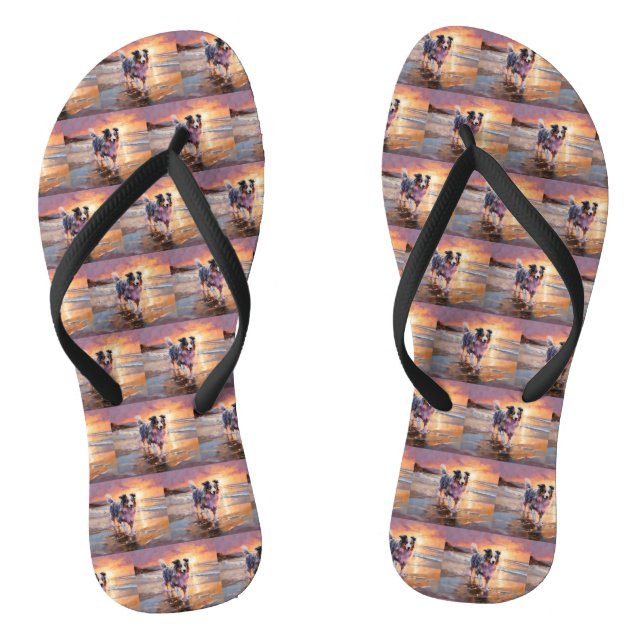 Sandy Australian Shepherd Dog on Beach Sunset  Flip Flops (Footbed)