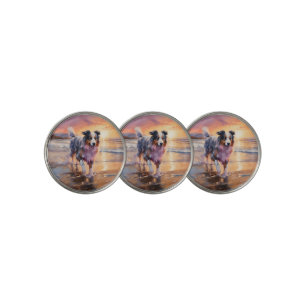 Sandy Australian Shepherd Dog on Beach Sunset Golf Ball Marker