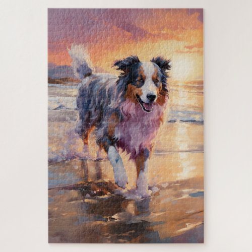 Sandy Australian Shepherd Dog on Beach Sunset  Jigsaw Puzzle