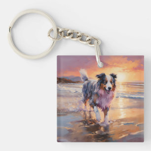 Sandy Australian Shepherd Dog on Beach Sunset Keychain