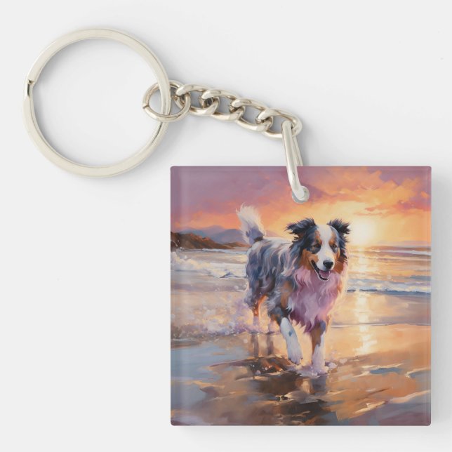 Sandy Australian Shepherd Dog on Beach Sunset  Keychain (Front)