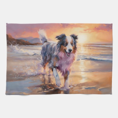 Sandy Australian Shepherd Dog on Beach Sunset  Kitchen Towel