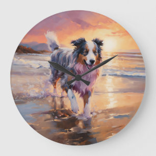 Sandy Australian Shepherd Dog on Beach Sunset Large Clock