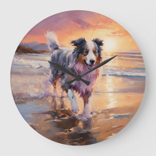 Sandy Australian Shepherd Dog on Beach Sunset  Large Clock