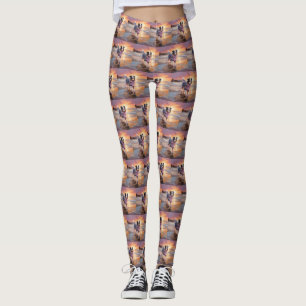 Sandy Australian Shepherd Dog on Beach Sunset  Leggings