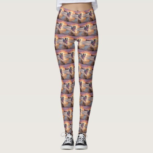 Sandy Australian Shepherd Dog on Beach Sunset  Leggings