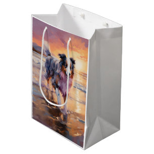 Sandy Australian Shepherd Dog on Beach Sunset Medium Gift Bag