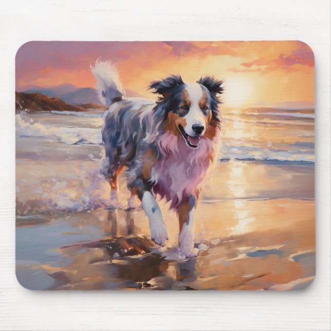 Sandy Australian Shepherd Dog on Beach Sunset  Mouse Pad (Front)