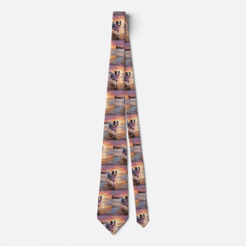 Sandy Australian Shepherd Dog on Beach Sunset  Neck Tie