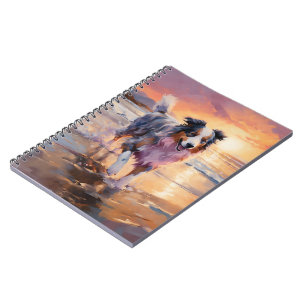 Sandy Australian Shepherd Dog on Beach Sunset Notebook