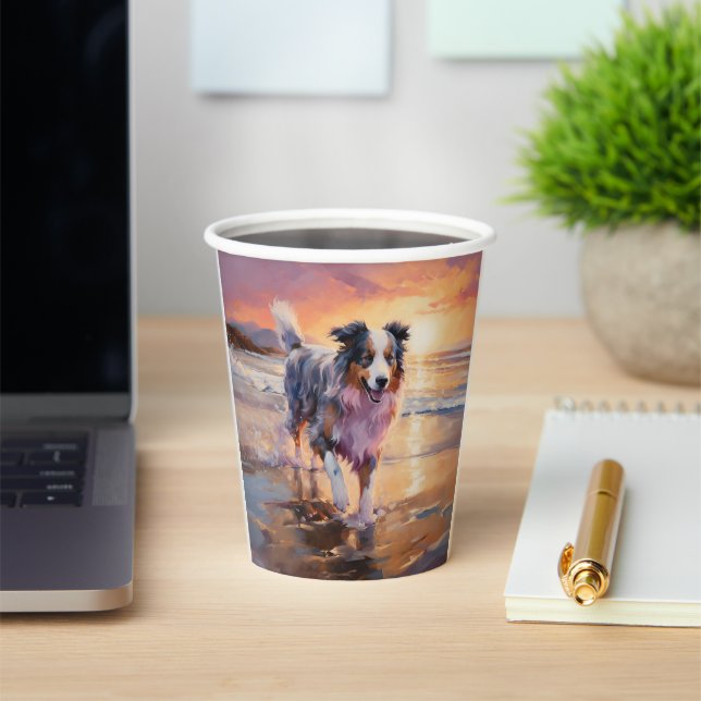 Sandy Australian Shepherd Dog on Beach Sunset  Paper Cups (Insitu)