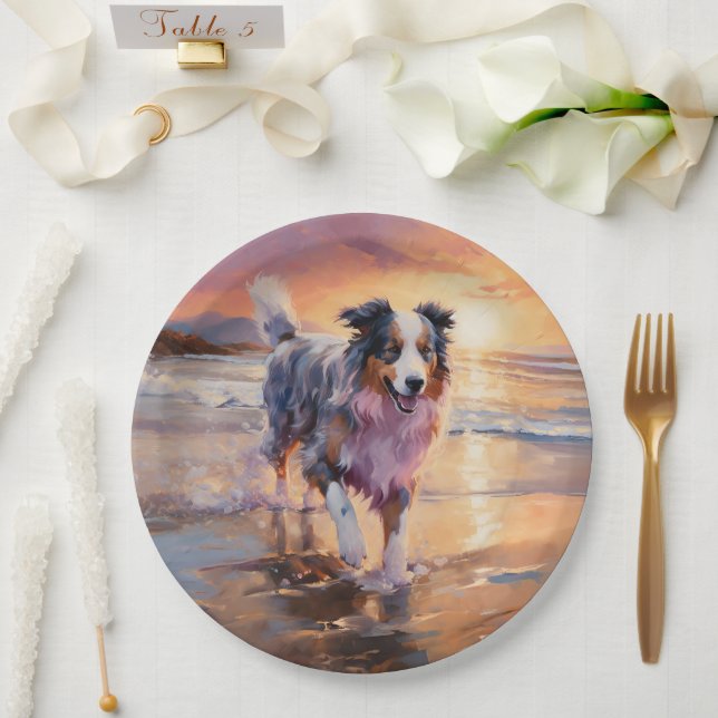 Sandy Australian Shepherd Dog on Beach Sunset  Paper Plates (Wedding)