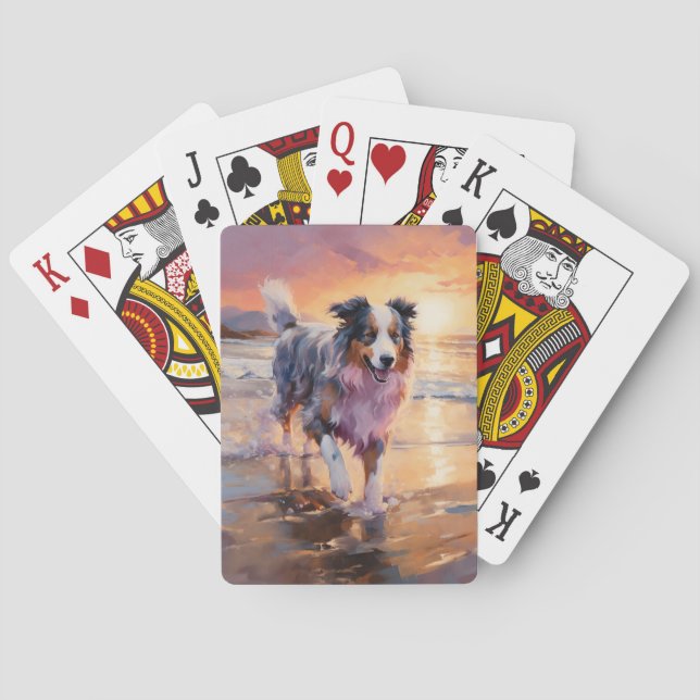 Sandy Australian Shepherd Dog on Beach Sunset  Poker Cards (Back)