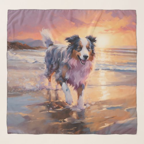 Sandy Australian Shepherd Dog on Beach Sunset  Scarf