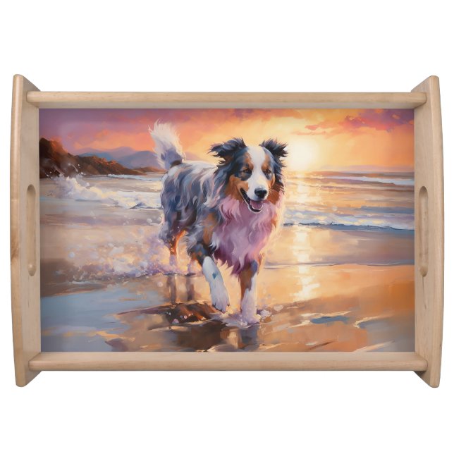Sandy Australian Shepherd Dog on Beach Sunset  Serving Tray (Front)