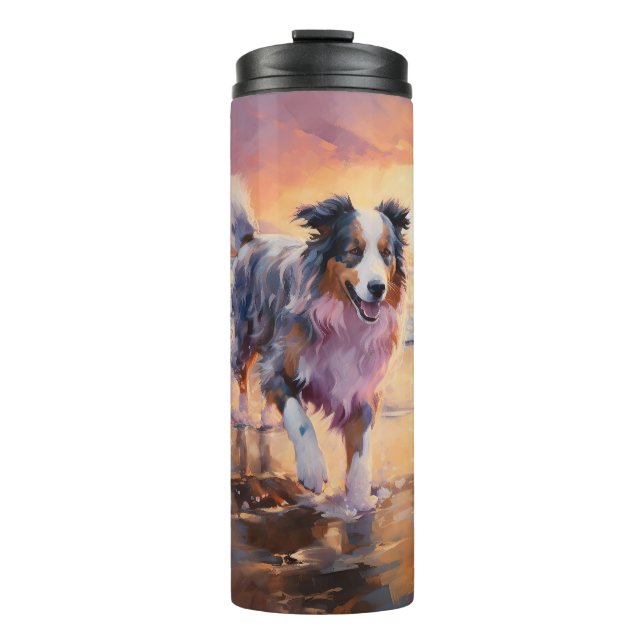 Sandy Australian Shepherd Dog on Beach Sunset  Thermal Tumbler (Front)
