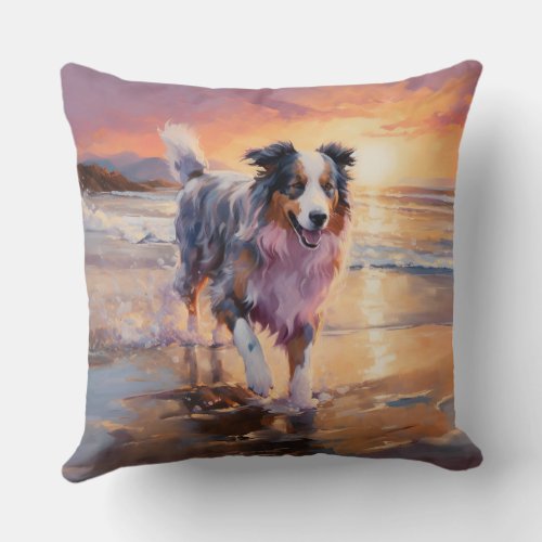 Sandy Australian Shepherd Dog on Beach Sunset  Throw Pillow